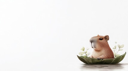 Naklejka premium Capybara sitting in a leaf boat, surrounded by delicate water plants, watercolor nature illustration, white background with space for text