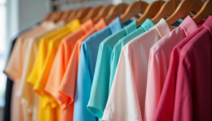 Fototapeta premium A collection of colorful women's shirts on a rack, with soft lighting enhancing their vibrant hues, creating a stylish and inviting presentation.