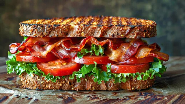 Blt sandwich with crispy bacon, lettuce and tomato on toasted bread. Classic american lunch concept