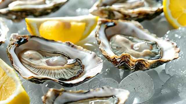 Fresh oysters on ice with lemon wedges, seafood luxury cuisine concept