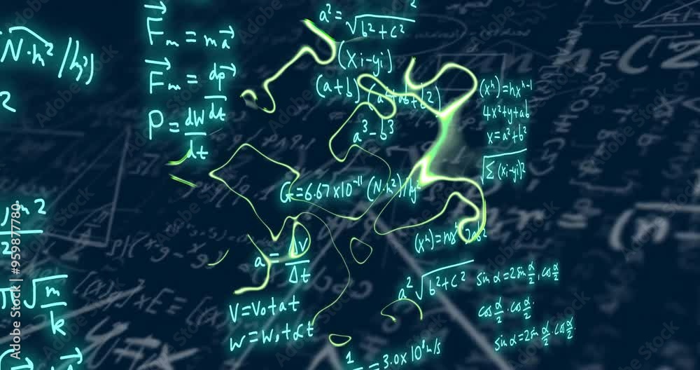 Poster mathematical equations and formulas animation over abstract background