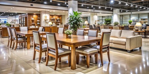 Obraz premium Modern dining room furniture set within a large retail store, offering various styles and seating capacities.
