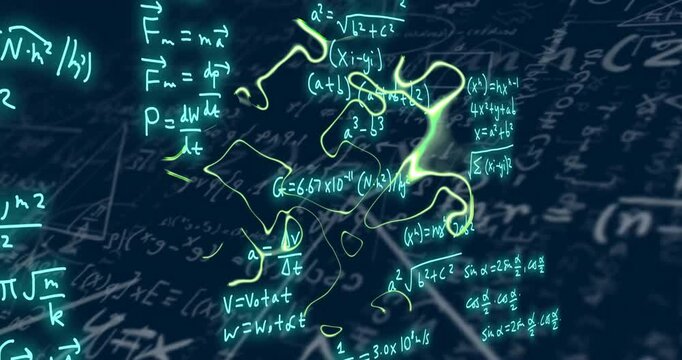 Mathematical equations and formulas animation over abstract background
