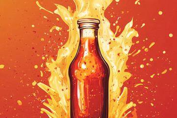 A single hot sauce bottle surrounded by fiery splashes stands against a vibrant orange background symbolizing intense flavor and heat