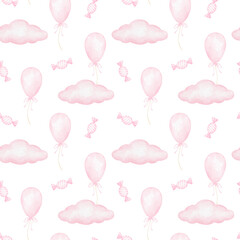Watercolor seamless pattern with pink balloons, candies and clouds in pastel shades on a white background for textiles and wrapping paper