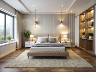 A serene modern bedroom sanctuary features a plush white bed and matching nightstand amidst a sea of soft,