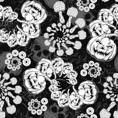 Halloween monochrome pattern with human skull, pumpkin head, fractal spirals with mushroom fly agaric, eyeballs. Grunge distorted silhouette of spider web with spiders behind.