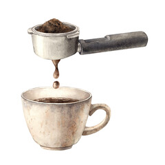 Ceramic white mug with hot aromatic coffee dripping from a portafilter with ground coffee. Watercolor illustration isolated and hand-drawn. For design of shops, cafes, banner, postcard, invitations