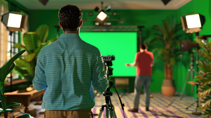 Obraz premium Two crew members collaborate in a green screen studio, setting up equipment for an upcoming filming project in the afternoon light