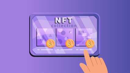 Touch screen tablet. Tablet with digital NFT collection, NFT concept. Human hand using tablet. Vector illustration in flat style.