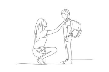 Mother straightens the child's clothes before leaving for school. Saying goodbye to their children concept one-line drawing