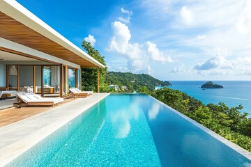 Fototapeta premium Luxurious villa with an infinity pool overlooking a scenic coastline and lush greenery.