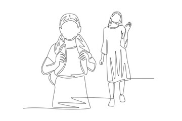 Mother waves goodbye to child as he leaves for school. Saying goodbye to their children concept one-line drawing