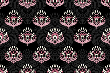 Ikat floral vintage design embroidary seamless pattern on background vector illustration.Ikat ethnic oriental embroidery traditional.Indian Ikat pattern Aztec style retro. design for texture,fabric.