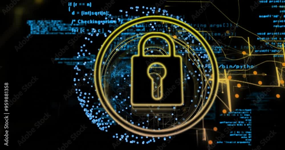 Poster lock and security animation over digital code and data visualization