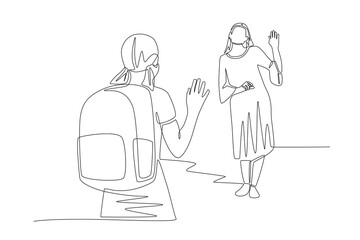 The child says goodbye to the mother. Saying goodbye to their children concept one-line drawing