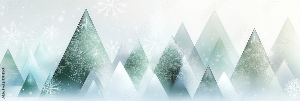 Aufkleber Abstract geometric shapes create a winter forest filled with Christmas trees of different sizes against a snowy backdrop. Generative AI