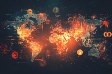 Obraz premium glowing world map with digital data overlays and financial symbols highlighting global trade and economy