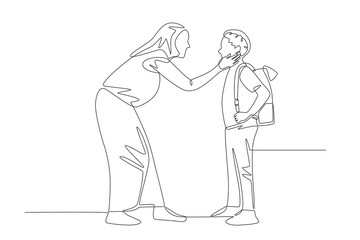 Mother strokes child's cheek before leaving for school. Saying goodbye to their children concept one-line drawing