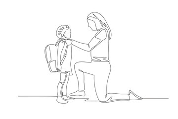 Mother before sending the child to school. Saying goodbye to their children concept one-line drawing