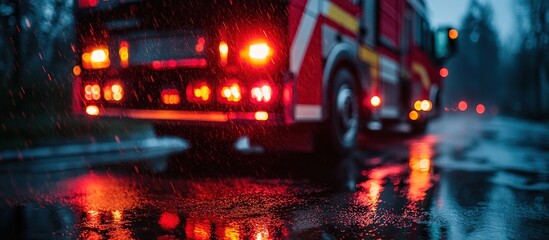 Firetruck's Lights Reflecting in Rain