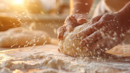 Fototapeta premium close-up of hands kneading dough on a floured surface,The golden light