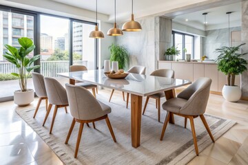 A sleek Modern marble dining table sits atop wooden legs, complemented by chairs, in a bright and airy