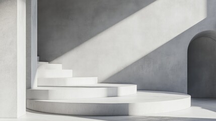 Empty white podium, modern pedestal and platform, concrete flooring stand stage, empty stages and podium stair 3d template for product presentation, top table mockup, cement shelf, awards