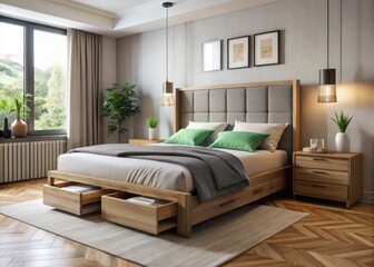 A sleek Modern wooden storage bed frame with drawers and a minimalist upholstered headboard creates a functional haven