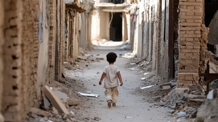 Child walking alone through a deserted alley with crumbling buildings