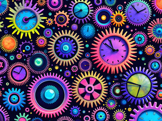 Pink Purple Highlighter Colored Flat Gears Multicolored Clocks Art Graphic Design 