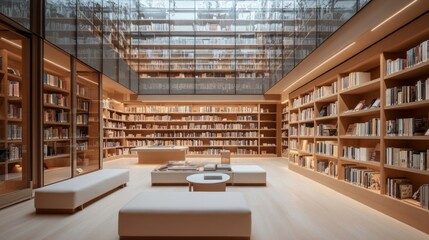 Modern library interior with glass ceiling, bookshelves, white seating, and wooden floors.