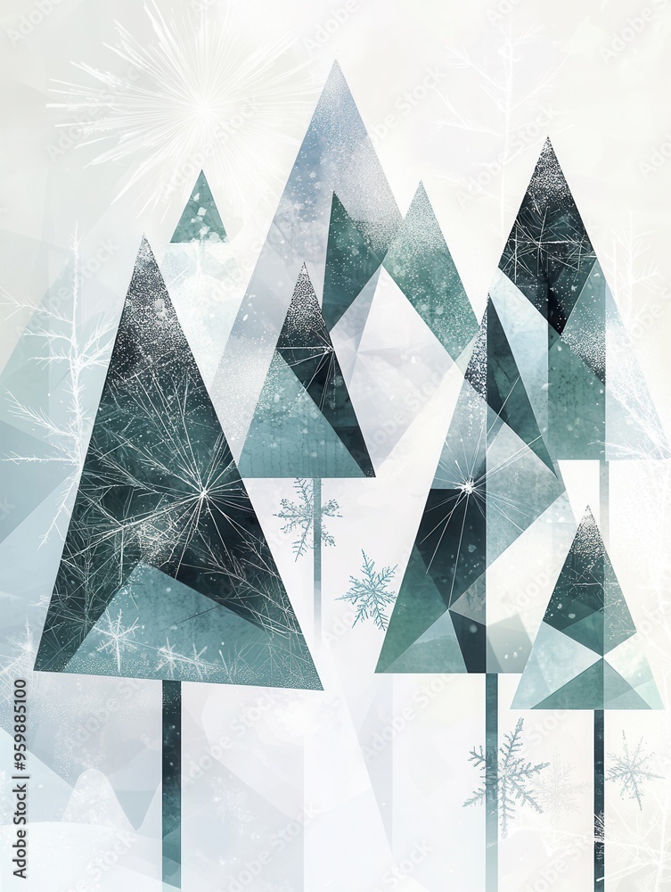 Aufkleber a tranquil winter forest features christmas trees designed with geometric shapes, showcasing a blend