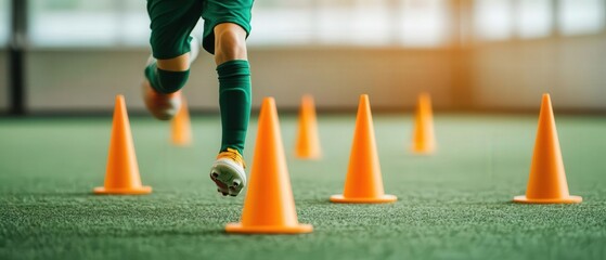 A young athlete practices agility drills with orange cones on an artificial turf surface in a spacious indoor training facility.