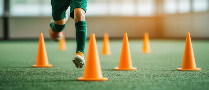 A young athlete practices agility drills with orange cones on an artificial turf surface in a spacious indoor training facility. - Powered by Adobe
