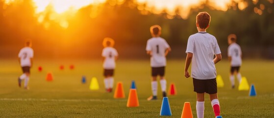 Young soccer players practice drills on a sunny field, enhancing their skills with colorful cones marking their paths.