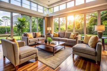 Fototapeta premium A spacious living room is transformed by a sleek and inviting sofa and matching armchairs, which soak up