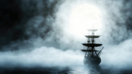 Fototapeta premium Phantom of a ghost ship sailing through a foggy, moonlit ocean