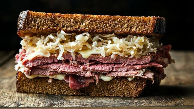 Delicious homemade Reuben sandwich with layers of corned beef, sauerkraut, and melted cheese on rye bread