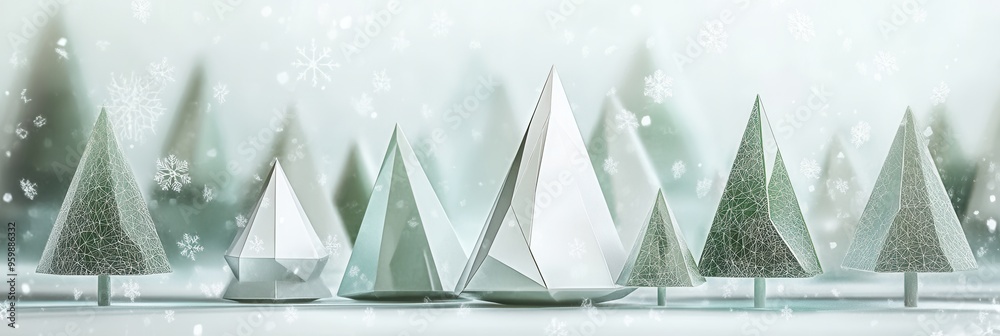 Poster A tranquil winter setting showcases Christmas trees formed from diverse geometric shapes, adding a modern twist to a traditional landscape. Generative AI