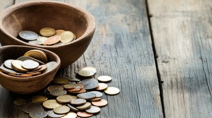 Empty bowls and scattered coins on a weathered wooden surface