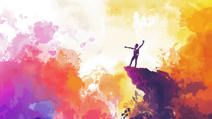 A lone figure stands triumphantly on a cliff's edge against a backdrop of radiant colors in the sky at sunset, symbolizing freedom