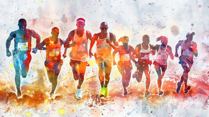 Obraz premium A group of runners dashes forward energetically, showcasing determination while competing in a vibrant marathon under a clear sky