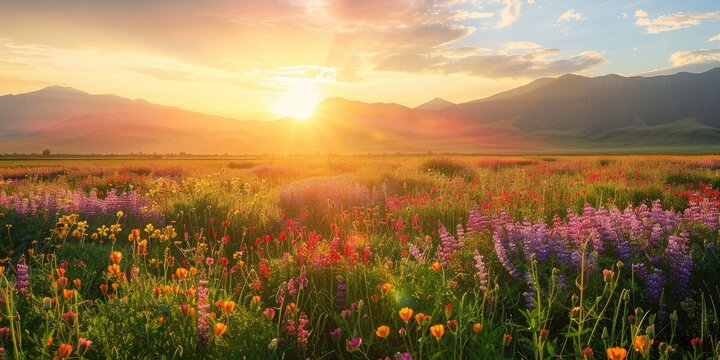 Golden sunrise casting light over a field of purple, red, and yellow flowers with mountains in the background.