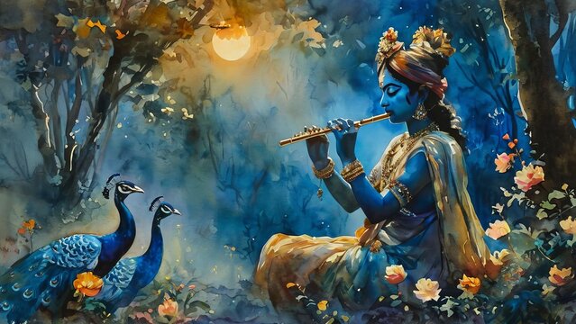 Krishna playing flute at night in forest in watercolor painting style  new beautiful stock image illustration AI