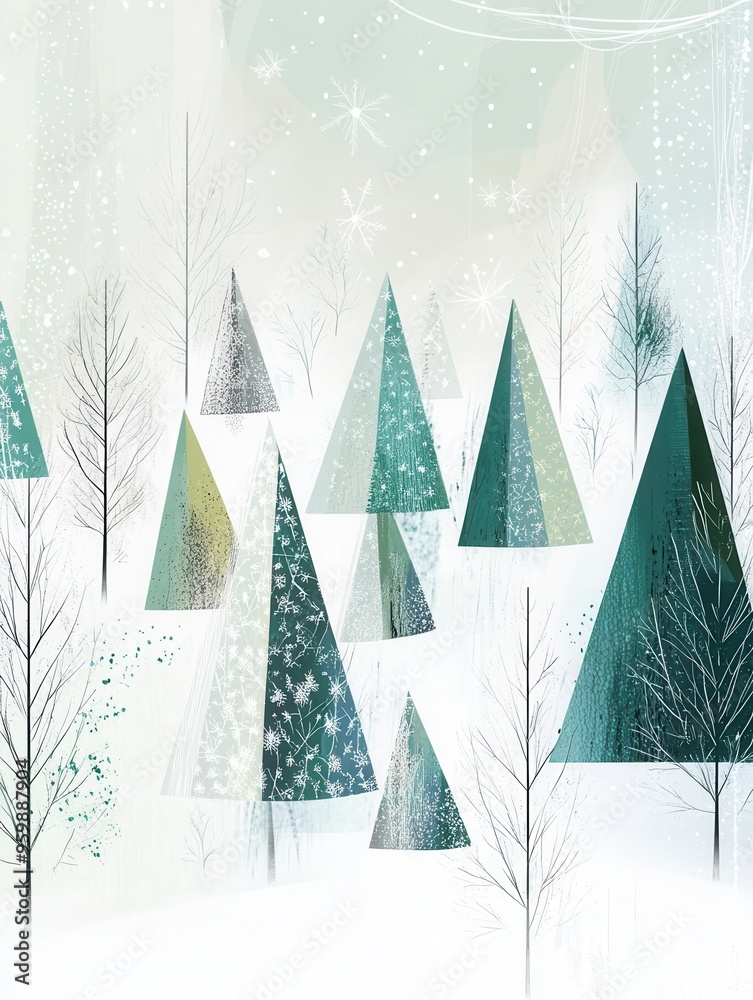 Aufkleber geometric triangles create a whimsical winter forest filled with christmas trees against a snowy bac