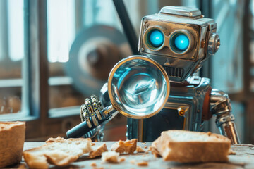 Fototapeta premium Breadcrumb navigation in Web Design and SEO concept. A robot looks at crumbs through a magnifying glass