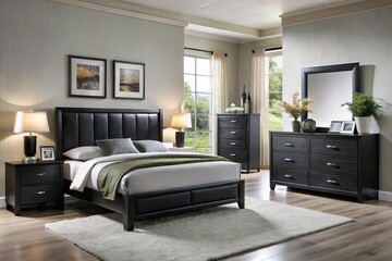 A stylish modern black bedroom ensemble boasts a chic bed with a streamlined headboard, accompanied by slender