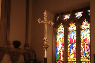 stained glass window in church , cotswolds, castlecombe