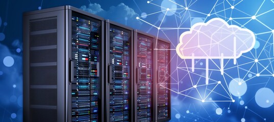 Rows of Network Server Racks with Cloud Computing Shape, Data Processing, Hosting Technology